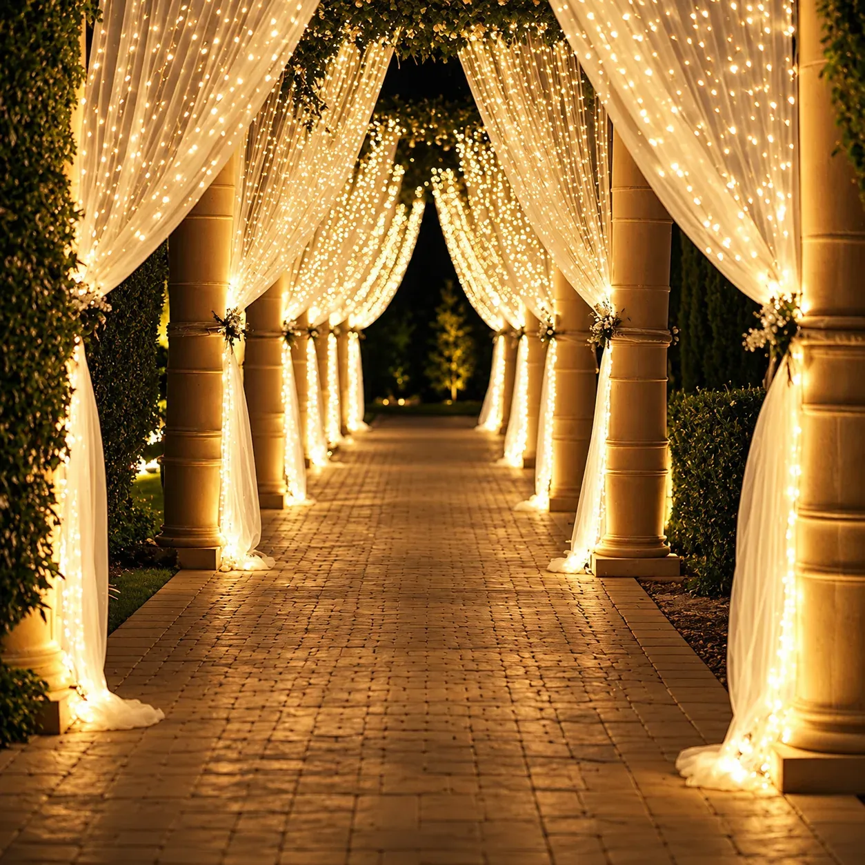 Lit Entrance Colonnade Night, Wedding Moments, Lobo Events Karkala