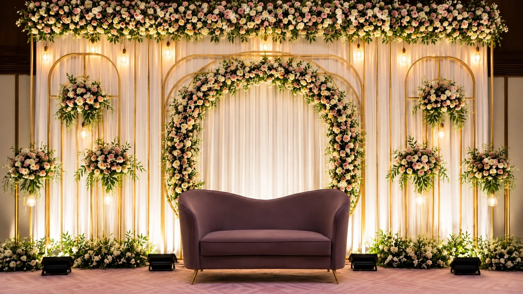 A candlelit wedding stage with a floral arch, gold frames and warm bulbs over cream drapes, styled by Lobo Events Karkala