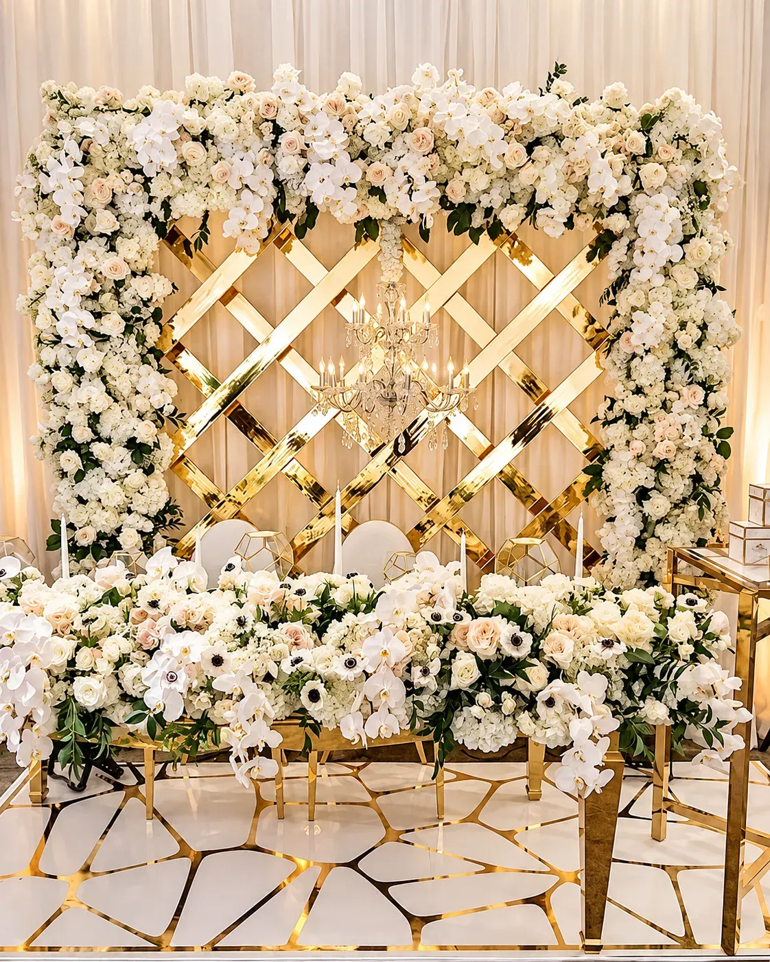Sweetheart Table Gold Lattice, Wedding Moments, Lobo Events Karkala