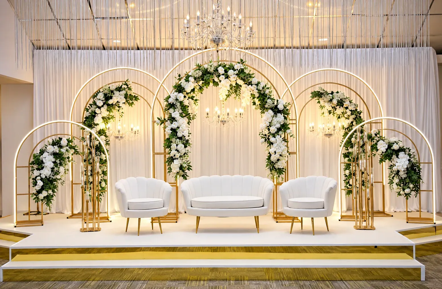White Arch Chandelier Stage, Wedding Moments, Lobo Events Karkala