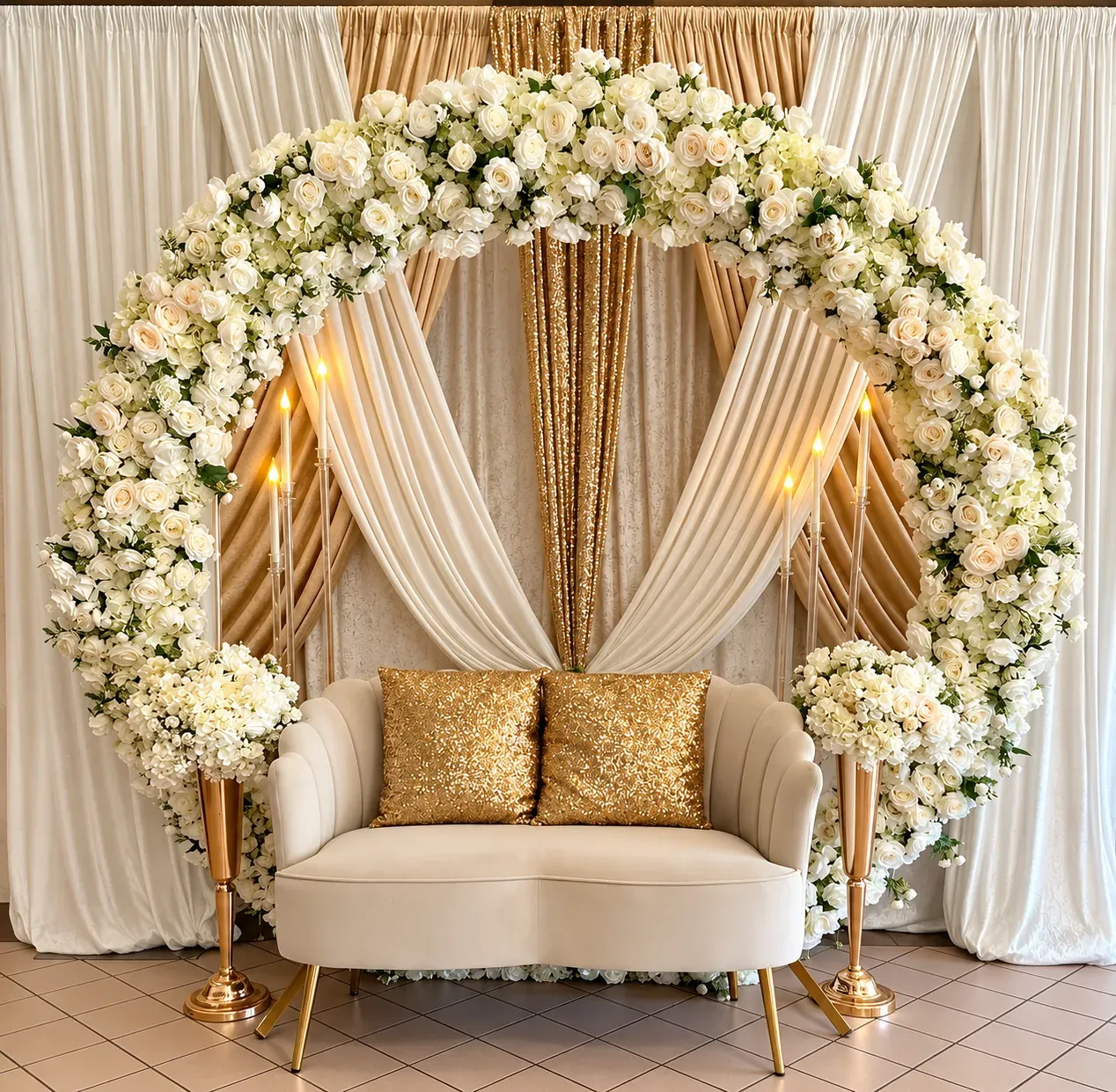 Floral Arch Gold Drape Sofa, Wedding Moments, Lobo Events Karkala