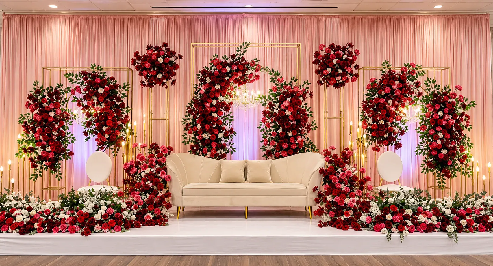 Burgundy Floral Arch Stage, Wedding Moments, Lobo Events Karkala