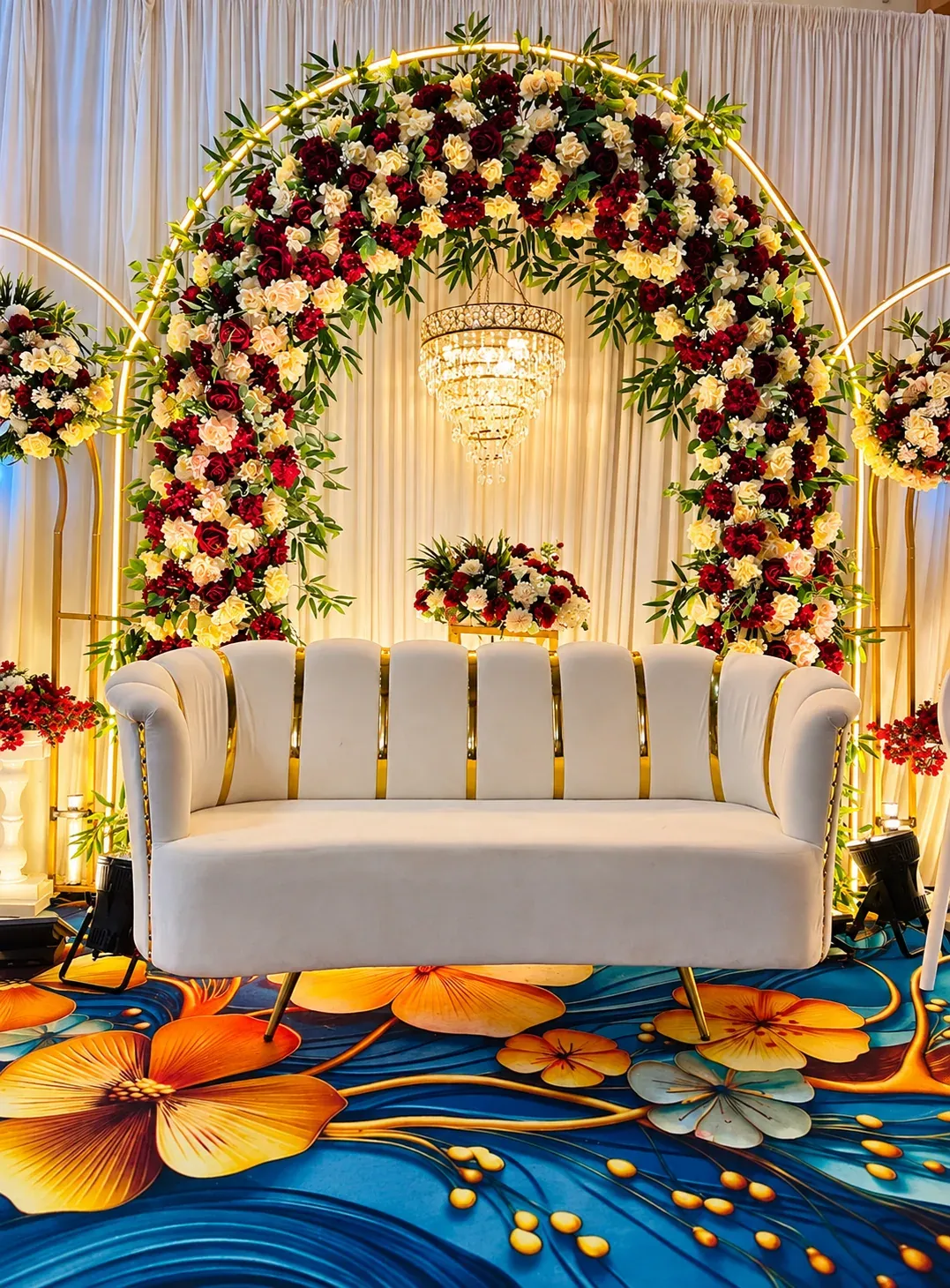Burgundy Arch Gold Sofa, Wedding Moments, Lobo Events Karkala