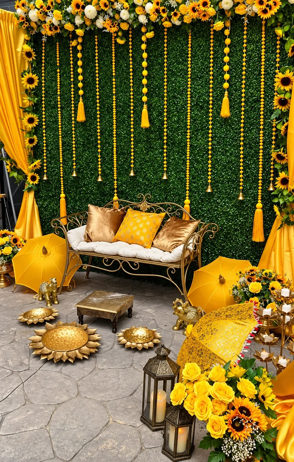 Haldi Seating Green Wall, Wedding Moments, Lobo Events Karkala